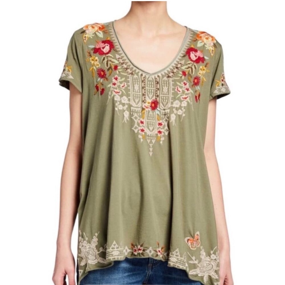 Johnny Was Izora Embroidered Short Sleeve Top Small Floral Cotton Pale Olive